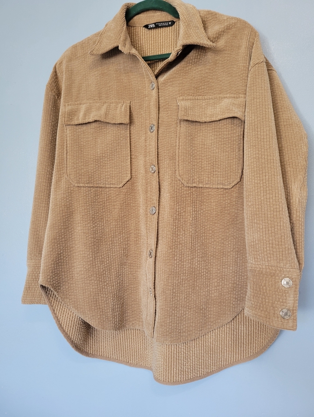Zara Tan Womens Oversized Corduroy Button-Up Shirt Jacket XS